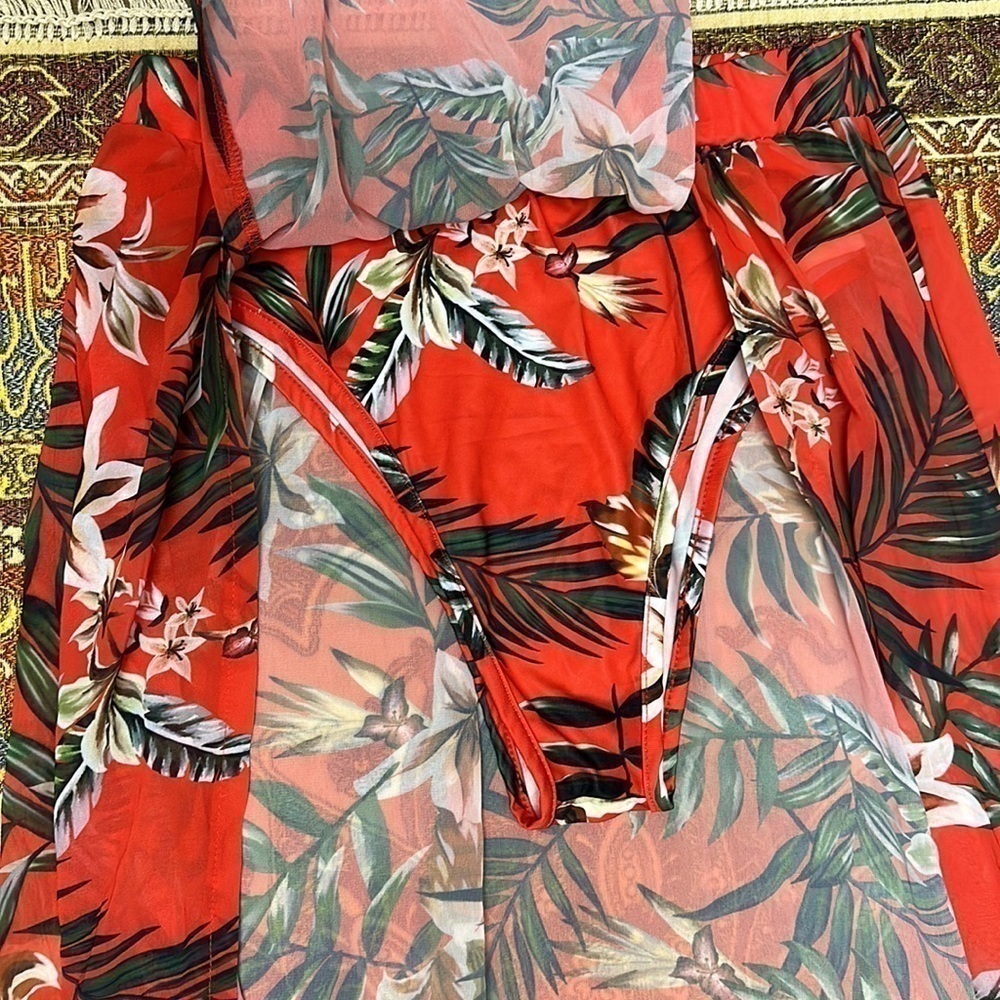 TROPICAL Two Piece Skirt Set Red Size Large Palm Print Lillies Summer - Picture 16 of 16